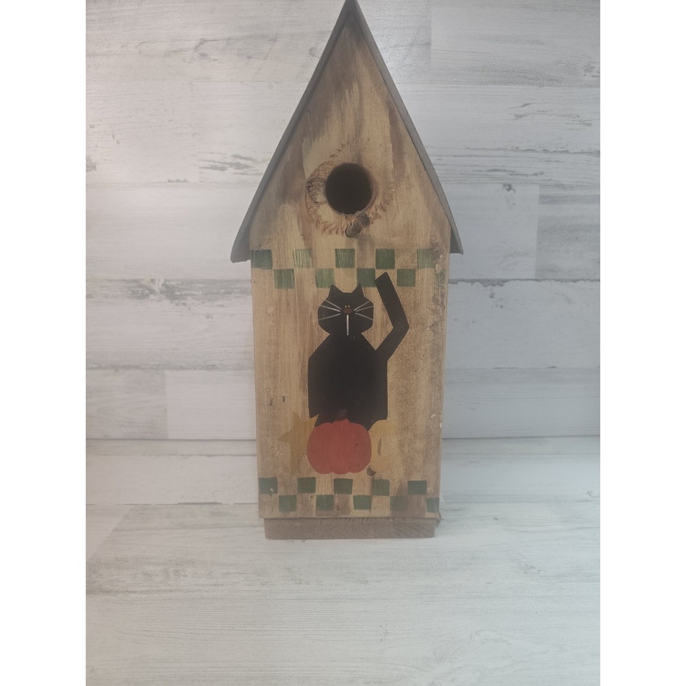 Rustic Wooden Birdhouse‎ Black Cat Pumpkin Halloween Primitive Folk Art 14in